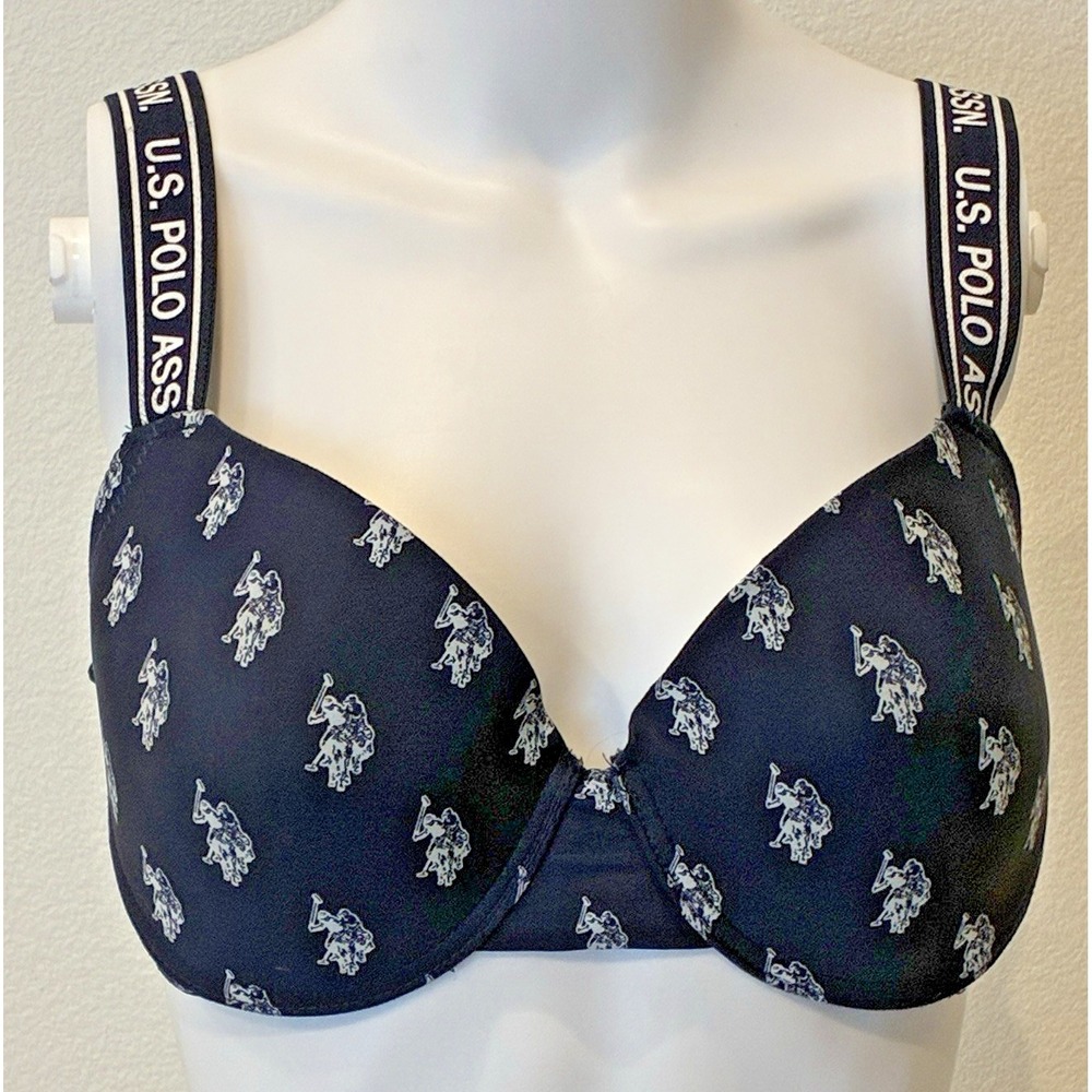 U.S. Polo Assn Bra 34DD Navy/White Logo AOP Underwire Padded Adjustable‎ Clasp